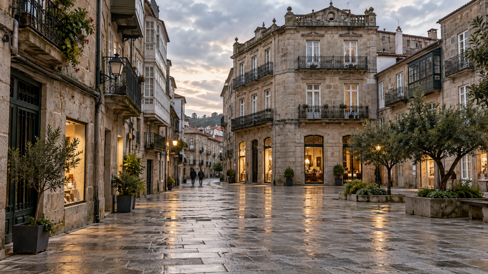 Recreación editorial de una plaza urbana gallega rodeada de edificios de piedra
